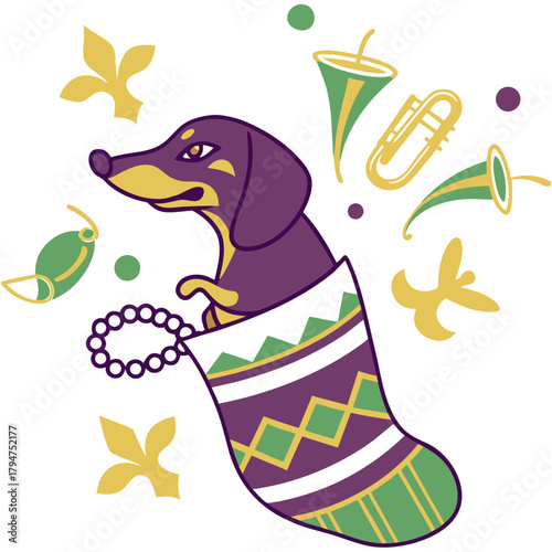 Cute Curious Dachshund, accessorized with snuggled in a sock, in a Mardi Gras world – Fat Tuesday Festivities palette vector