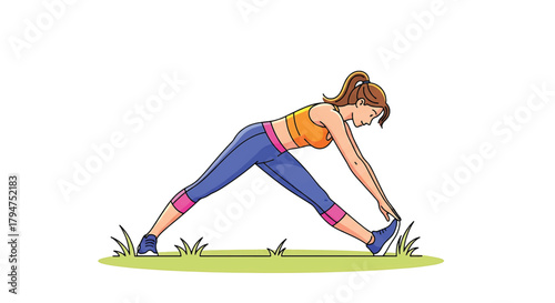 Dynamic vector illustration of a woman stretching gracefully on green grass, embodying fitness and an active, healthy lifestyle