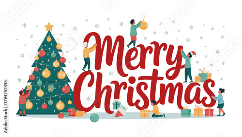 Festive Christmas Celebration: A joyful Christmas scene, featuring vibrant decorations, presents, a decorated Christmas tree and lively activity, filled with cheer and merriment