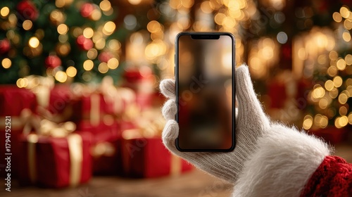 Santa hand holding mobile phone with empty screen in christmas day,holiday shopping online,light background,smartphone,banner sale gifts,Blank white screen,Mockup.