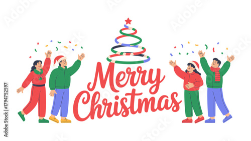 Φωτογραφία Joyful Christmas Celebration: Illustrative holiday scene, where a group of friends spread joy with confetti beneath a festive Christmas tree