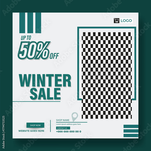 Winter sale announcement with 50 percent off discount and modern geometric design elements