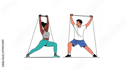 Dynamic vector illustration of a man and woman doing resistance band exercises, symbolizing fitness, strength, and a healthy active lifestyle