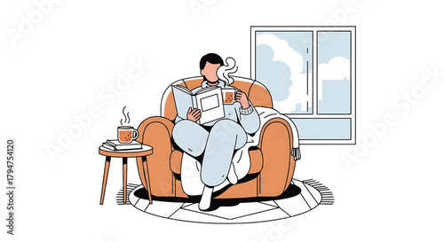 Cozy indoor scene with a person comfortably seated in an armchair, enjoying a book and a warm drink by the window, promoting relaxation and quiet leisure