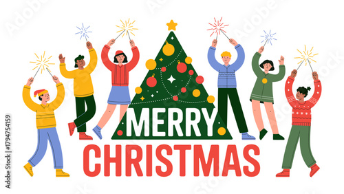 Christmas Sparkle: A festive scene of individuals joyfully celebrating Christmas, with sparklers and a decorated tree. Joyful holiday spirit captured.