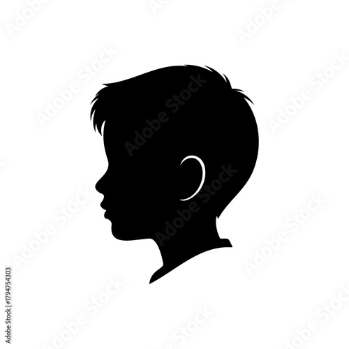 Beautiful young boy head silhouette vector flat illustration design.
