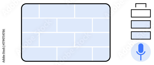 Blue microphone icon with horizontal layered sections and tiled pattern background. Ideal for voice recognition, AI technology, user interface, sound control, digital interaction, speech input