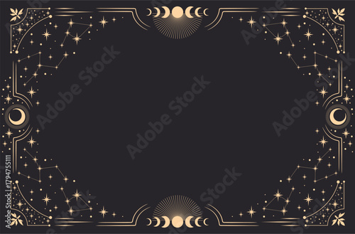 Magic horizontal astrology vector frame. Mystic frame for tarot, esoteric, astrology design. Template for poster and prints.