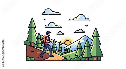 Hiking adventure in mountain landscape with hiker, trees, and sun, vector illustration of outdoor exploration