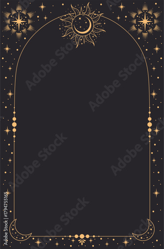 Celestial frame with stars, sun and a copy space. Banner with an elegant border and a place for text