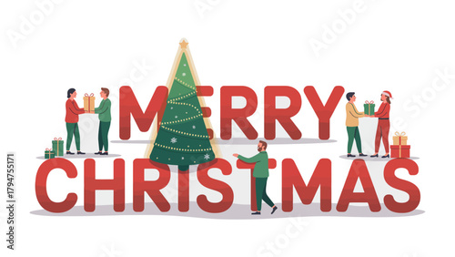 Holiday Greetings: A heartwarming illustration of Merry Christmas adorned with a festive Christmas tree, surrounded by individuals exchanging gifts.
