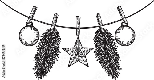 Vintage vector engraving illustration of Christmas garland with hanging pine branches, stars and ornaments isolated on transparent background, detailed festive monochrome holiday artwork design