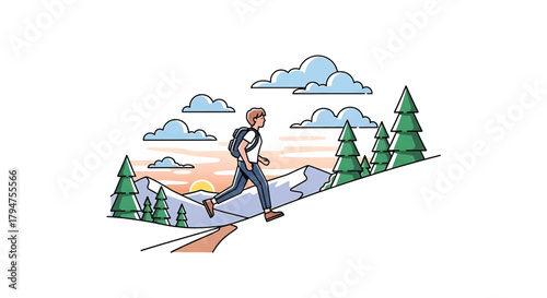 Energetic person hiking through a beautiful mountain landscape at sunrise, embracing a healthy outdoor lifestyle – detailed vector illustration