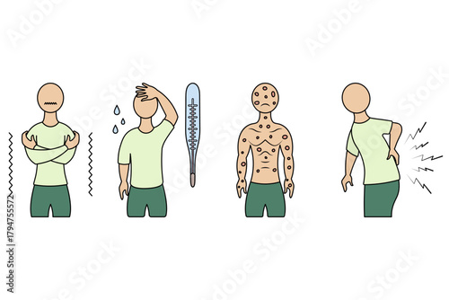 Disease symptoms. Chills, fever, rash, and back pain. Color vector illustration. Isolated on white background. Medical theme. Web design idea.