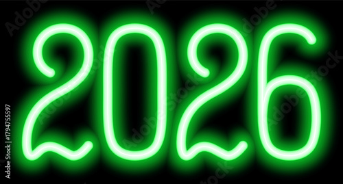 2026. Neon. Green glowing number. New Year. Color vector illustration. Isolated on black background. Idea for web design, banner.