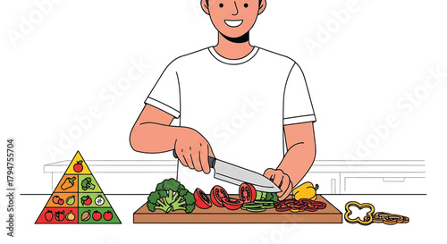 Smiling Man Preparing a Healthy and Nutritious Meal by Chopping Fresh Vegetables, Promoting Wellness and Mindful Eating Habits