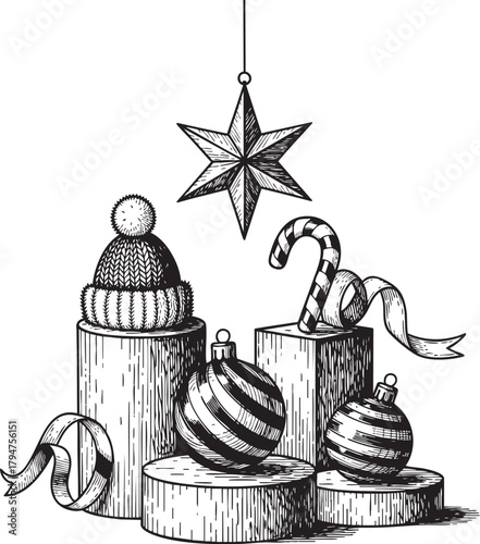 Vintage vector engraving illustration of Christmas still life with ornaments, candy canes and knitted hat isolated on transparent background, detailed festive monochrome holiday artwork design