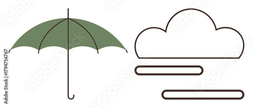 Green umbrella with simple outline cloud and rain lines. Ideal for weather, security, protection, safety, minimalism, climate, forecast. A simple flat metaphor