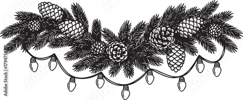 Vintage vector engraving illustration of Christmas garland with pine cones and lights isolated on transparent background, detailed monochrome and outline festive winter holiday decoration artwork