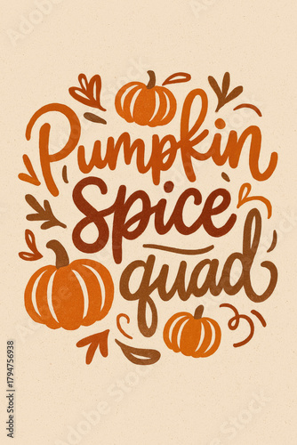 Embrace Autumn's Warmth with this Charming Pumpkin Spice Squad Hand-Lettered Graphic. Featuring Rustic Pumpkins and Fall Leaves, it's the Perfect Cozy Design for Seasonal Decor and Apparel,