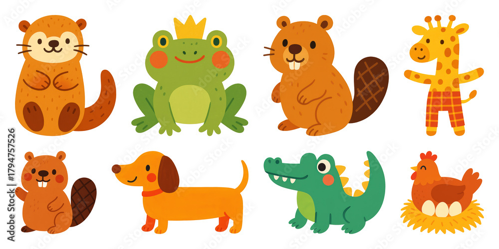 Obraz premium PNG Cute cartoon animal illustrations, element set on transparent background