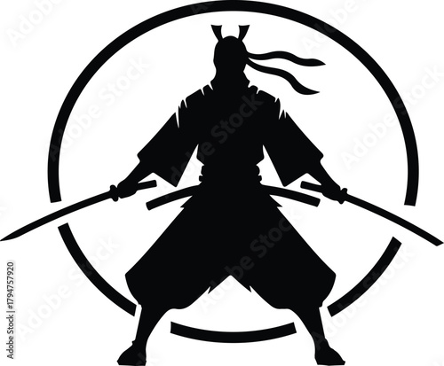 A silhouette illustration of a Japanese warrior in a fighting pose, wielding two swords, set against a circular background.