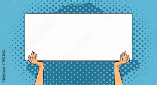 Pop Art Style Hands Holding Blank White Rectangular Sign with Transparent Background