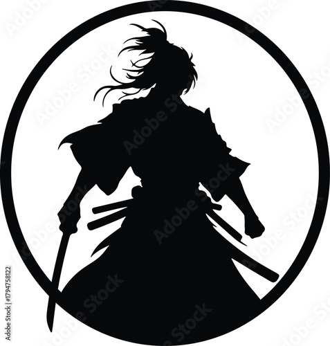 A black silhouette of a Japanese warrior in a fighting stance, inside a circle. The warrior is holding a katana sword.