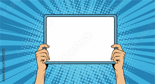 Pop Art Hands Holding Blank Sign on Blue Radial Halftone Background