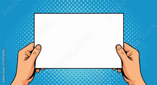 Pop Art Human Hands Holding Blank White Horizontal Paper, Transparent Background