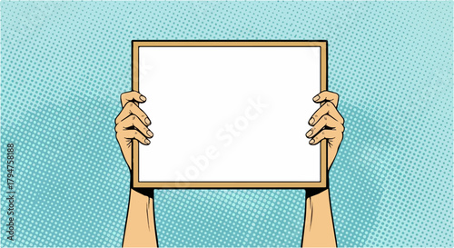 Pop Art Hands Holding Blank Signboard on Dotted Blue Background