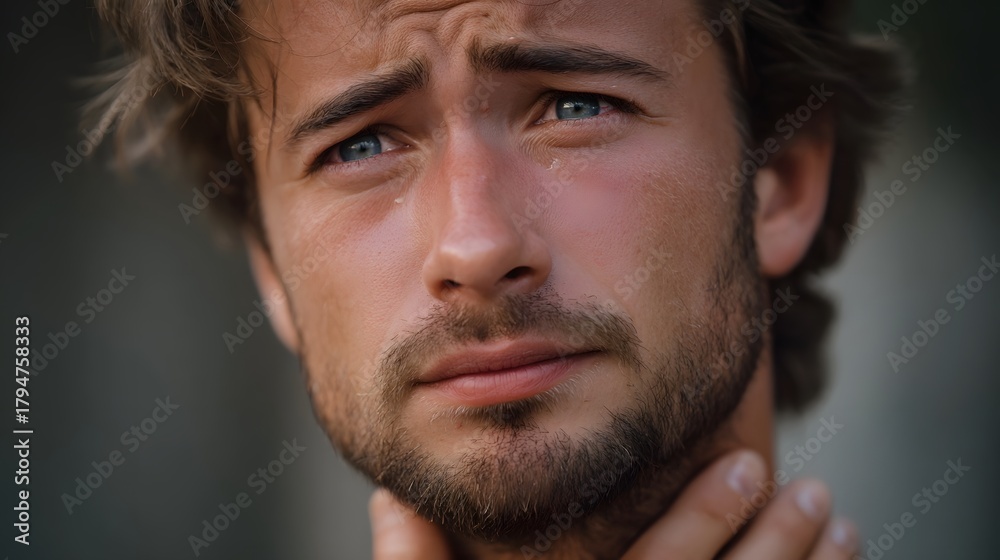 Obraz premium A man s face expressing deep sorrow and distress with tears visible touched by dawn light