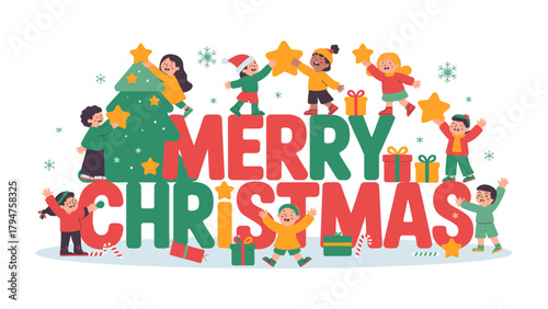 Joyful Christmas Celebration: A heartwarming scene unfolds as children come together to celebrate Christmas, adorning the cheerful Merry Christmas letters with stars and festive decorations.