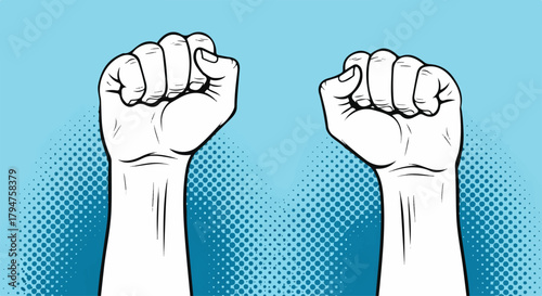 Two Raised Fists in Dynamic Pop Art Style, Transparent Background