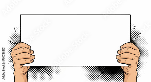 Pop Art Hands Holding Blank Rectangular Sign with Transparent Background