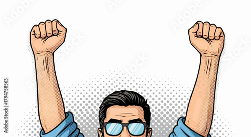 Pop Art Man with Raised Fists and Glasses, Transparent Background Illustration