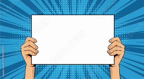 Pop Art Hands Holding Blank White Sign with Transparent Background