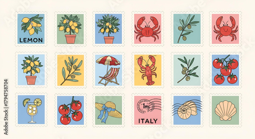 Italian summer vacation stamps collection vector illustration design