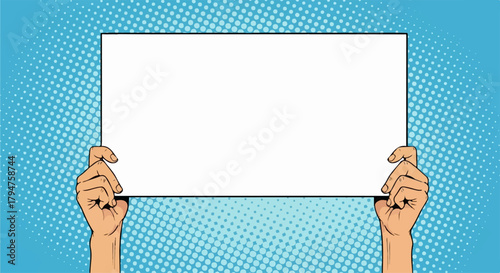 Pop Art Human Hands Holding Blank Rectangular Sign, Transparent Background.