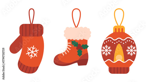 Festive Holiday Ornaments: Capturing the festive spirit with a set of three cheerful ornaments. a mitten, a boot, and a ball that bring holiday cheer and joy.