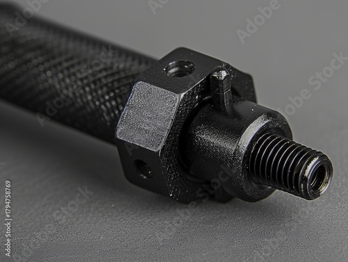 Close-up of a black threaded rod with hexagonal nut and knurled grip