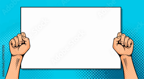 Pop Art Fists Holding Blank Sign (Transparent Background)