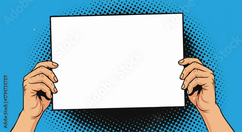 Pop Art Hands Holding Blank Sign on Halftone Blue Background (The background is transparent).