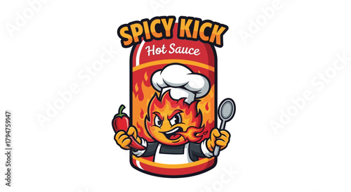 Bold and fiery spicy kick hot sauce product logo with chef flame character design