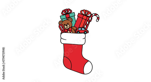Festive holiday stocking filled with cheerful presents and gifts illustration design