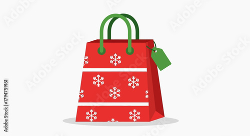 Festive red shopping bag with snowflakes and green accents for holiday gifting