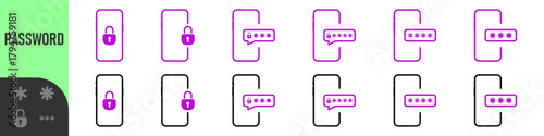 Phone password. Password protected icon. Phone with enter password code, verification security authorization Two step authentication. Notification button and entering a code on the screen