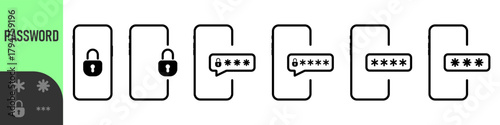 Phone password. Password protected icon. Phone with enter password code, verification security authorization Two step authentication. Notification button and entering a code on the screen