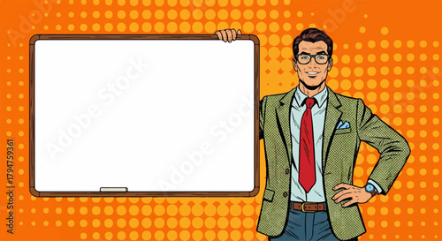 Pop Art Man in Glasses and Suit Holding Blank Whiteboard on Orange Halftone Background.