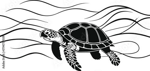 Abstract turtle swimming through curved wave lines, modern minimal style, calm and peaceful composition 2